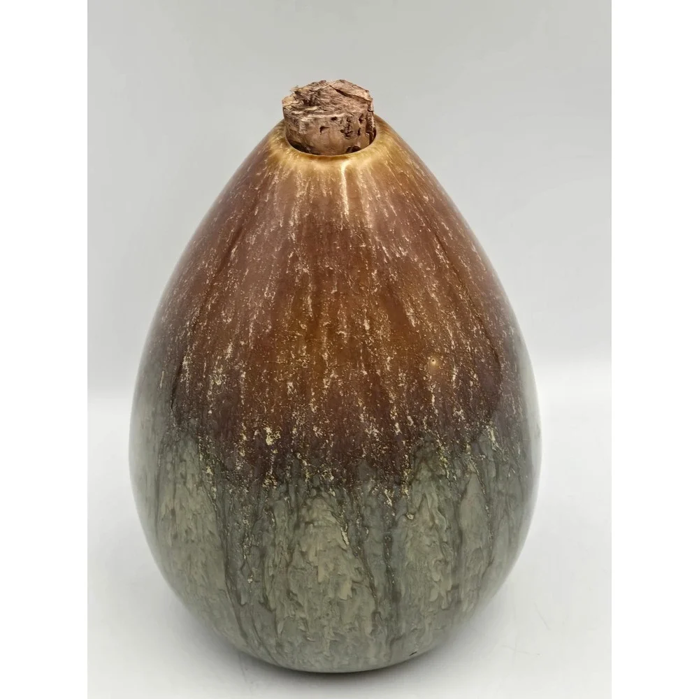 Unbranded Ceramic Teardrop Vase OS Brown Green Excellent Drip Glaze Cork Top